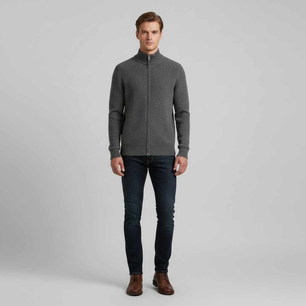 Men's Black Zip Up Cardigan | Slim Fit Ribbed Knit Sweater
